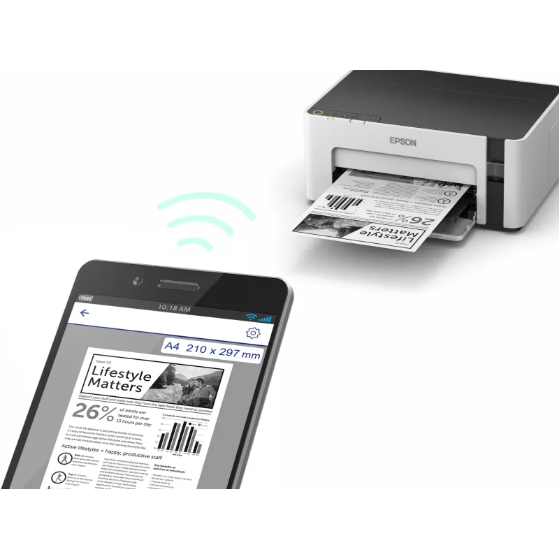 Inkjet printer Epson EcoTank ET-M1120 — melnbalts, A4, 1440x720 DPI, Wi‑Fi, uzpildāma tintes tvertne