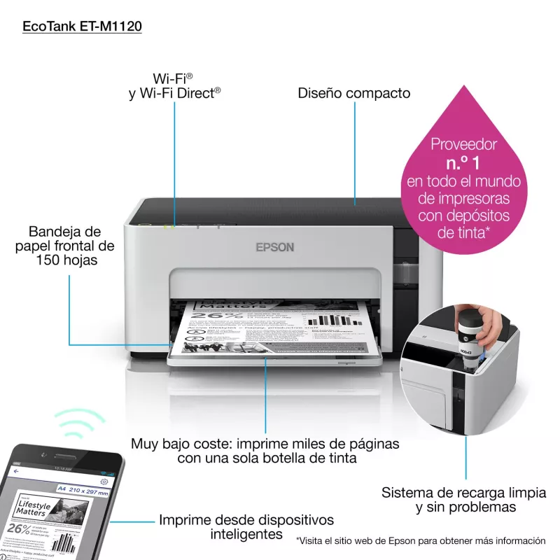 Inkjet printer Epson EcoTank ET-M1120 — melnbalts, A4, 1440x720 DPI, Wi‑Fi, uzpildāma tintes tvertne