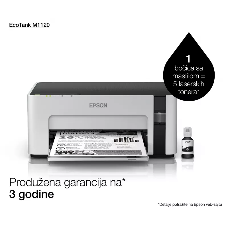 Inkjet printer Epson EcoTank ET-M1120 — melnbalts, A4, 1440x720 DPI, Wi‑Fi, uzpildāma tintes tvertne