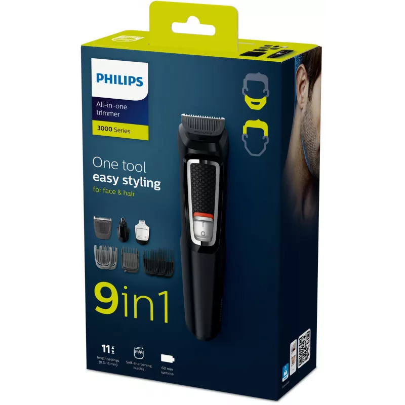 Philips MULTIGROOM Series 3000 9-in-1 MG3740/15 daudzfunkciju trimmeris — NiMH akumulators, 60 min darbība, nerūsējošā tērauda asmeņi, 9 ķemmes, melns