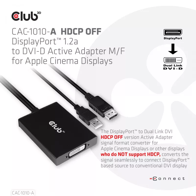 Club 3D CAC-1010-A aktīvais DisplayPort – Dual Link DVI-D adapteris, DisplayPort 1.2a, USB barošana, HDCP OFF, 0,6 m, melns