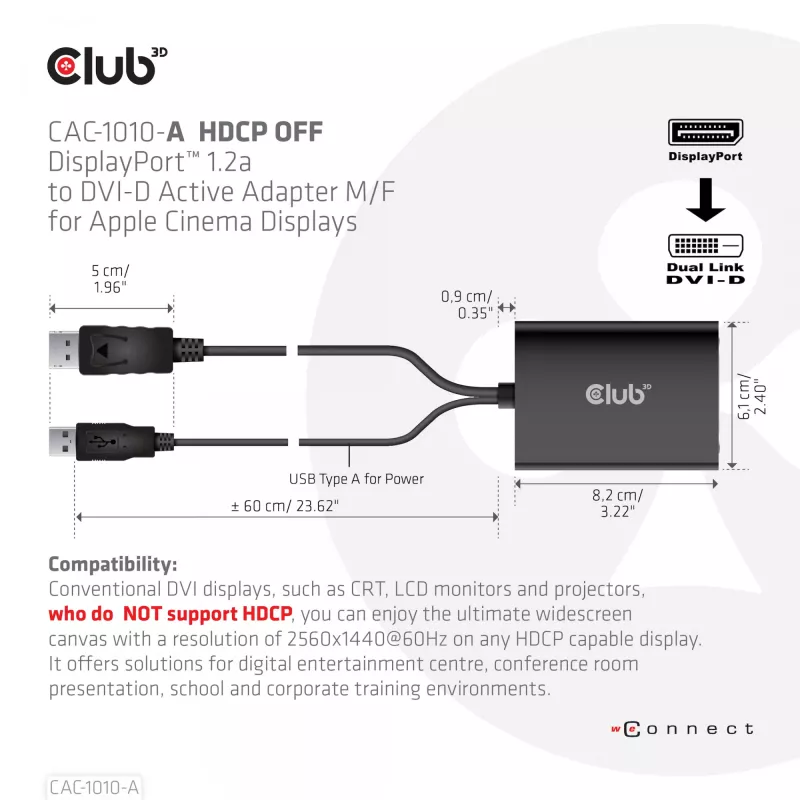 Club 3D CAC-1010-A aktīvais DisplayPort – Dual Link DVI-D adapteris, DisplayPort 1.2a, USB barošana, HDCP OFF, 0,6 m, melns