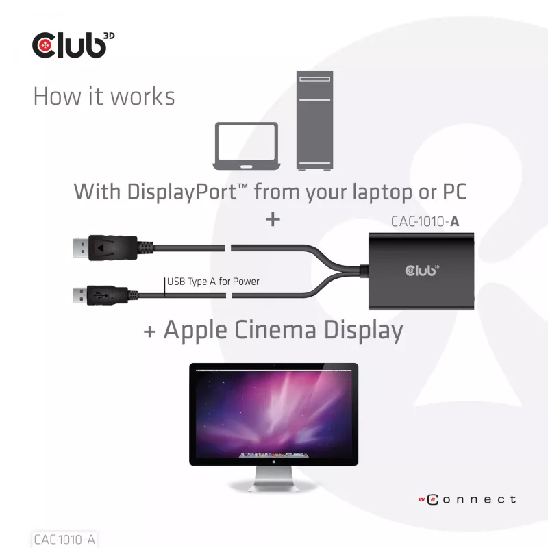 Club 3D CAC-1010-A aktīvais DisplayPort – Dual Link DVI-D adapteris, DisplayPort 1.2a, USB barošana, HDCP OFF, 0,6 m, melns
