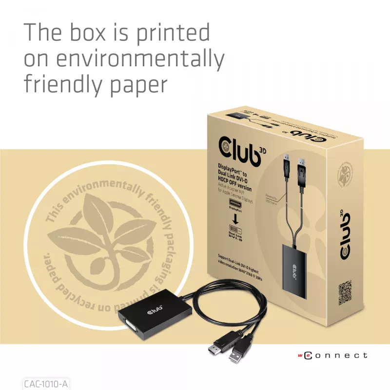 Club 3D CAC-1010-A aktīvais DisplayPort – Dual Link DVI-D adapteris, DisplayPort 1.2a, USB barošana, HDCP OFF, 0,6 m, melns