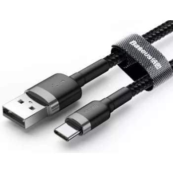 BASEUS Braided Cafule ātrās uzlādes kabelis - USB Type-A uz Type-C 2A - 3m - Pelēks/Melns (Neilons)