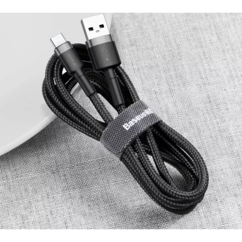 BASEUS Braided Cafule ātrās uzlādes kabelis - USB Type-A uz Type-C 2A - 3m - Pelēks/Melns (Neilons)