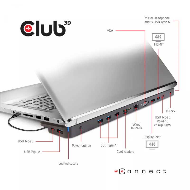 CLUB3D USB Type C 3.2 Gen1 Trīskāršā Displeja Dinamiskā PD Lādēšanas Dokstacija 100W PD Barošanas Avots