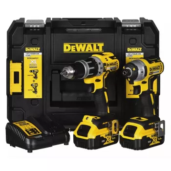 Bezvadu instrumentu komplekts DeWalt DCK266P2T — 18V, 2×5.0Ah akumulatori, triecienskloķis un kombinētais urbis, lādētājs, futrālis
