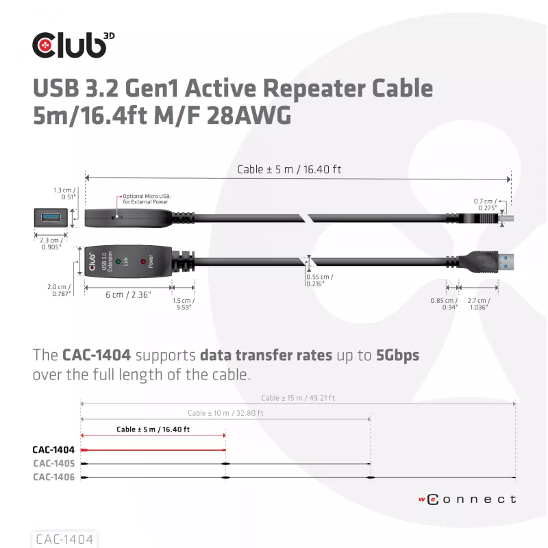 CLUB3D USB 3.2 Gen1 aktīvais pagarinātājkabelis 5m / 16.4 ft M/F 28AWG