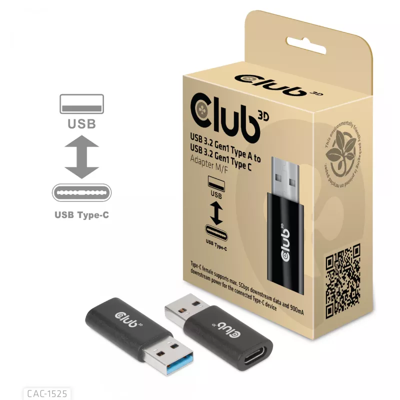 CLUB3D USB 3.2 Gen1 Type A uz USB 3.2 Gen1 Type C Adapteris M/F