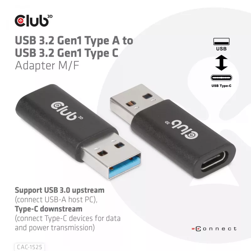 CLUB3D USB 3.2 Gen1 Type A uz USB 3.2 Gen1 Type C Adapteris M/F