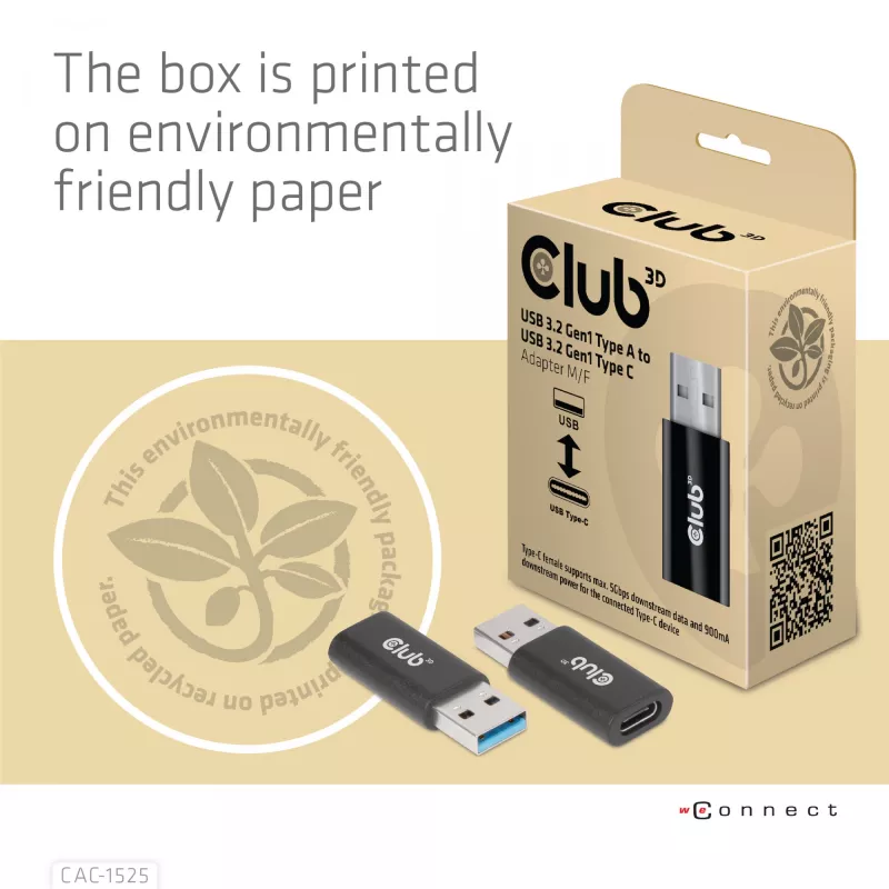 CLUB3D USB 3.2 Gen1 Type A uz USB 3.2 Gen1 Type C Adapteris M/F