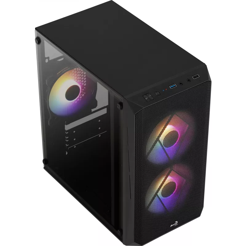 PC korpuss AEROCOOL CS107V2 Mini Tower — Melns, microATX/Mini-ITX, 2x120mm ventilatori, 1x3.5 collu + 2x2.5 collu sloti