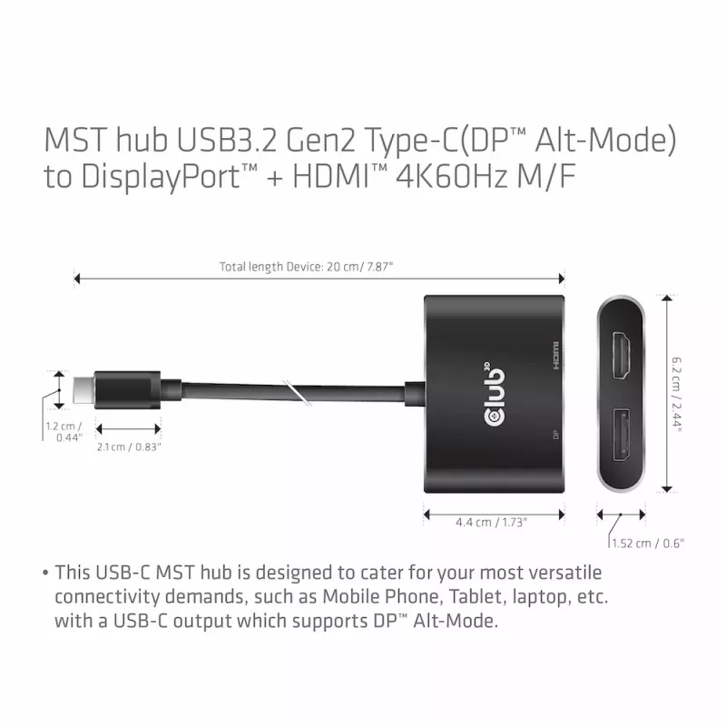 CLUB3D MST centrmezgls USB3.2 Gen2 Type-C (DP Alt-Mode) uz DisplayPort + HDMI 4K60Hz M/F