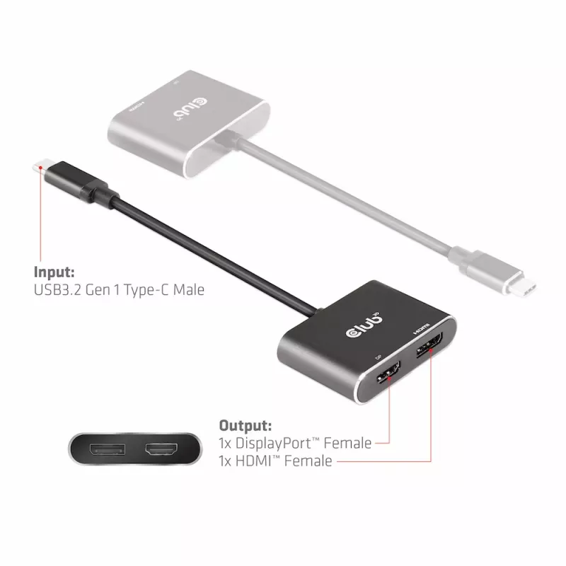 CLUB3D MST centrmezgls USB3.2 Gen2 Type-C (DP Alt-Mode) uz DisplayPort + HDMI 4K60Hz M/F