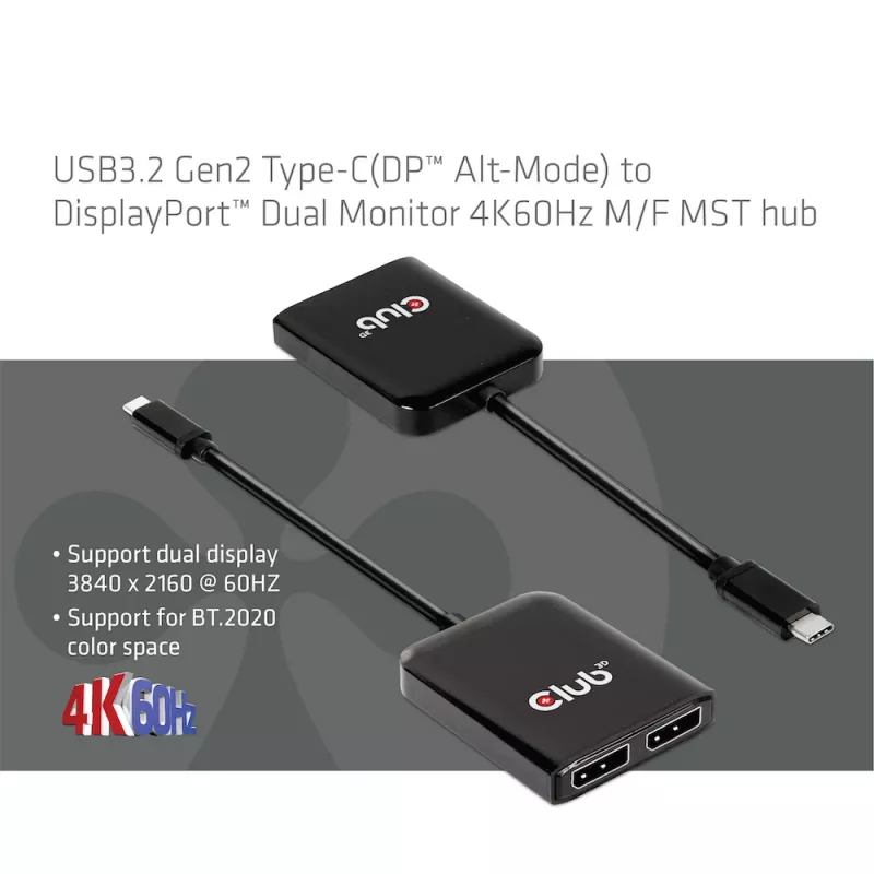 CLUB3D USB3.2 Gen2 Type-C (DP Alt-Mode) uz DisplayPort Divu Monitoru 4K60Hz M/F MST centrmezgls