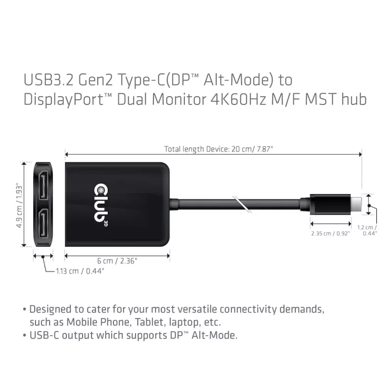 CLUB3D USB3.2 Gen2 Type-C (DP Alt-Mode) uz DisplayPort Divu Monitoru 4K60Hz M/F MST centrmezgls