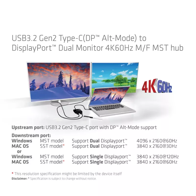 CLUB3D USB3.2 Gen2 Type-C (DP Alt-Mode) uz DisplayPort Divu Monitoru 4K60Hz M/F MST centrmezgls