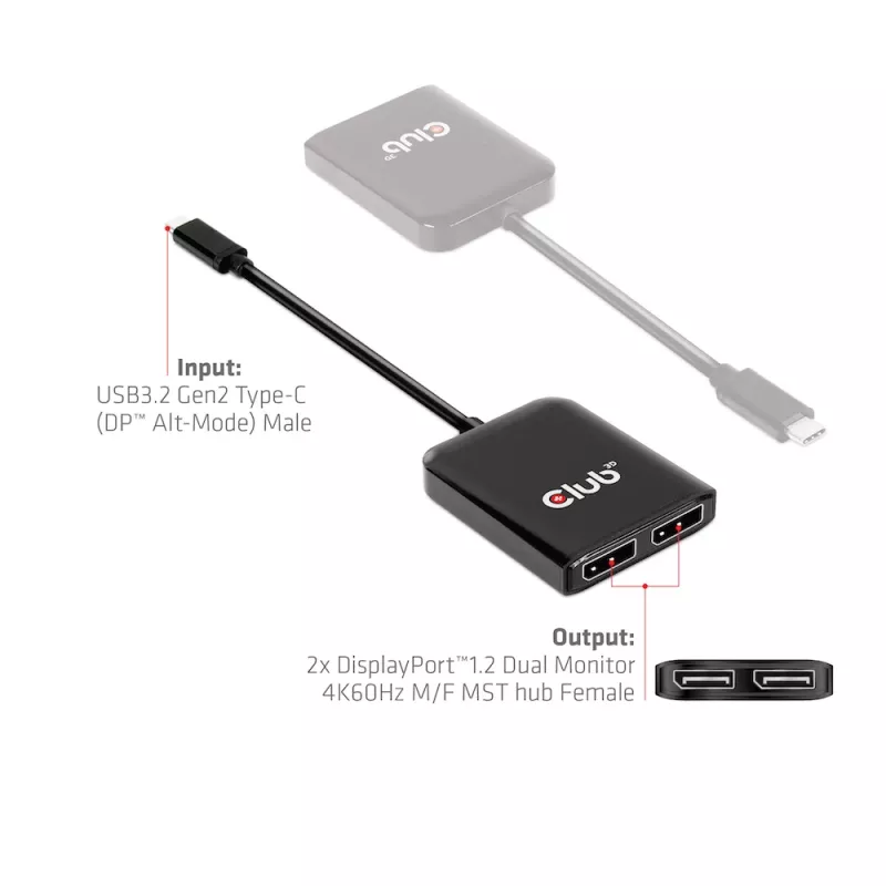 CLUB3D USB3.2 Gen2 Type-C (DP Alt-Mode) uz DisplayPort Divu Monitoru 4K60Hz M/F MST centrmezgls
