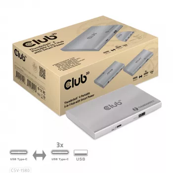 CLUB3D sertificēts Thunderbolt™4 portatīvais 5-in-1 centrmezgls ar Smart Power