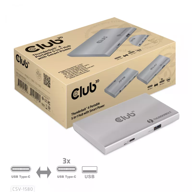 CLUB3D sertificēts Thunderbolt™4 portatīvais 5-in-1 centrmezgls ar Smart Power