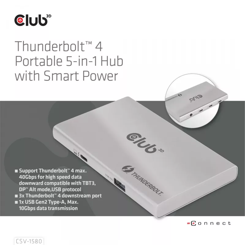 CLUB3D sertificēts Thunderbolt™4 portatīvais 5-in-1 centrmezgls ar Smart Power