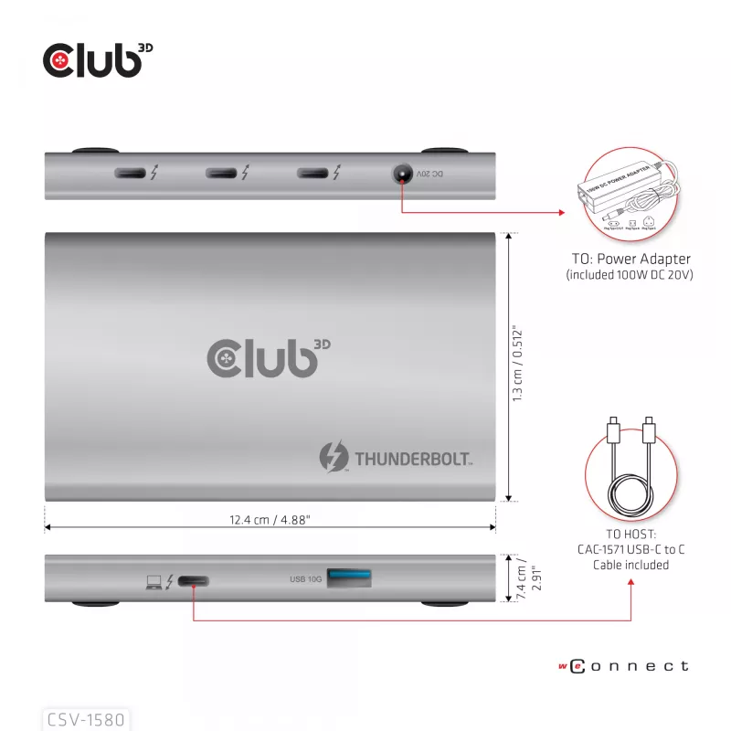 CLUB3D sertificēts Thunderbolt™4 portatīvais 5-in-1 centrmezgls ar Smart Power