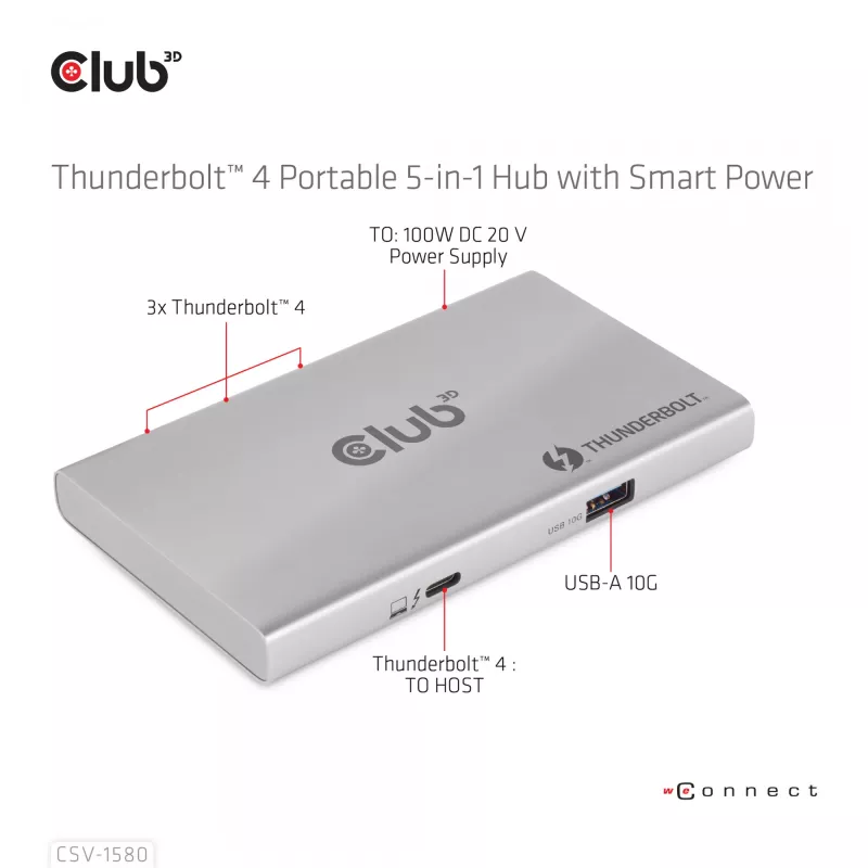 CLUB3D sertificēts Thunderbolt™4 portatīvais 5-in-1 centrmezgls ar Smart Power