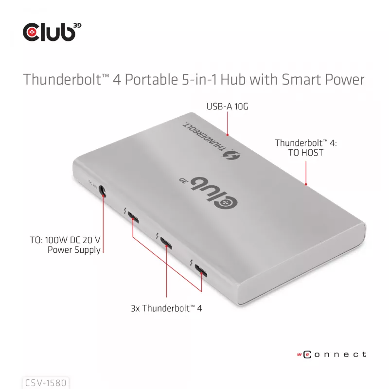 CLUB3D sertificēts Thunderbolt™4 portatīvais 5-in-1 centrmezgls ar Smart Power