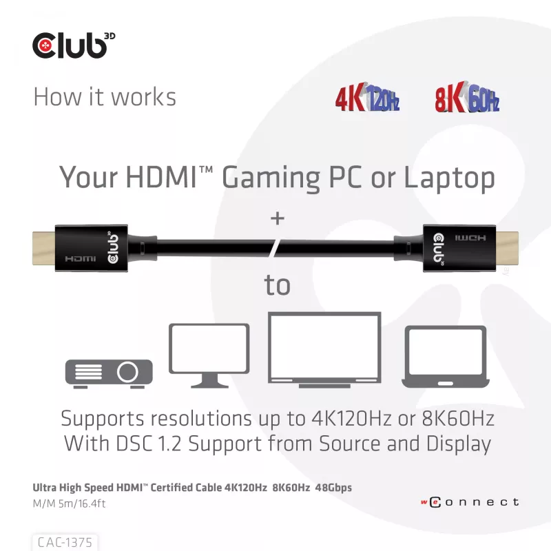 CLUB3D Ultra High Speed HDMI™ Sertificēts Kabelis 4K120Hz 8K60Hz 48Gbps M/M 5m/16.4ft
