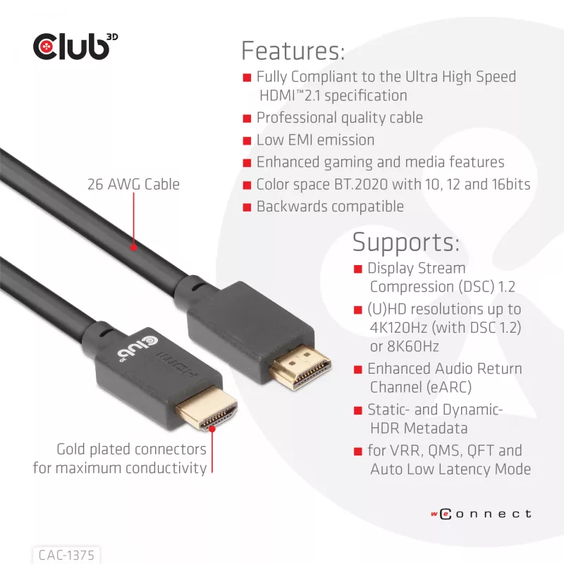 CLUB3D Ultra High Speed HDMI™ Sertificēts Kabelis 4K120Hz 8K60Hz 48Gbps M/M 5m/16.4ft