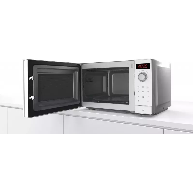 Solo mikroviļņu krāsns Bosch Serie 2 FFL023MW0 — 800 W, 20 L, 5 jaudas līmeņi, 270 mm pagrieziena galds, balta