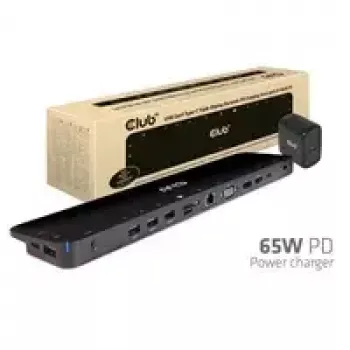 CLUB3D CSV-1564W65 Universāls USB Gen1 Type-C trīs displeju dinamiskais PD lādēšanas doks ar 65 W barošanas bloku (VGA, HDMI, DP, Ethernet)