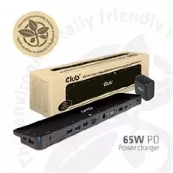 CLUB3D CSV-1564W65 Universāls USB Gen1 Type-C trīs displeju dinamiskais PD lādēšanas doks ar 65 W barošanas bloku (VGA, HDMI, DP, Ethernet)