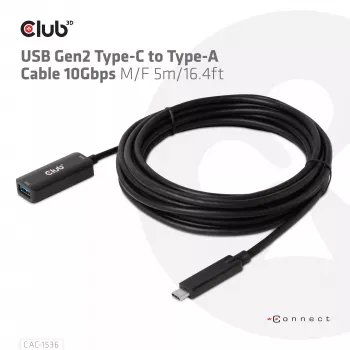 CLUB3D USB Gen2 Type-C uz Type-A kabelis 10Gbps M/F 5m/16.4ft