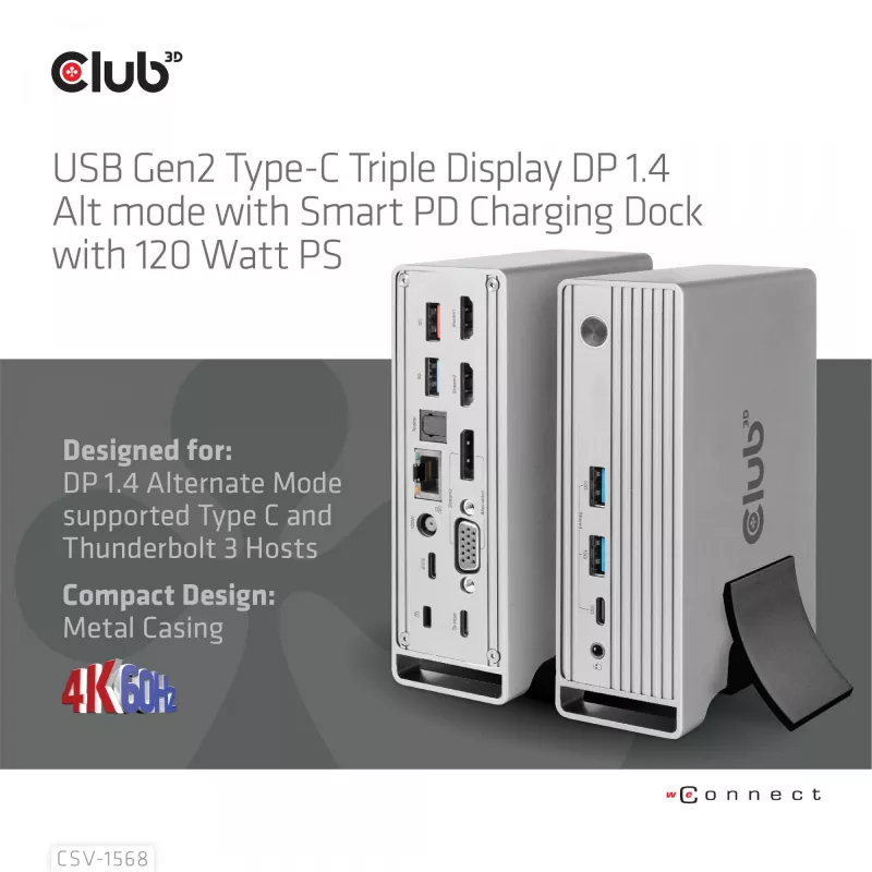Docking stacija CLUB3D CSV-1568 metāla korpuss USB Gen2 Type-C USB Gen2 Type-A HDMI DP VGA RJ45 120W