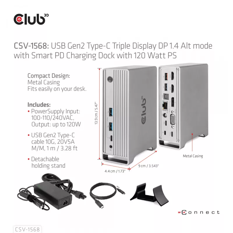 Docking stacija CLUB3D CSV-1568 metāla korpuss USB Gen2 Type-C USB Gen2 Type-A HDMI DP VGA RJ45 120W