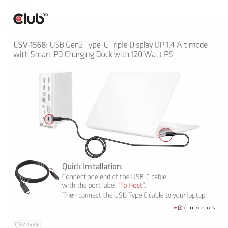 Docking stacija CLUB3D CSV-1568 metāla korpuss USB Gen2 Type-C USB Gen2 Type-A HDMI DP VGA RJ45 120W