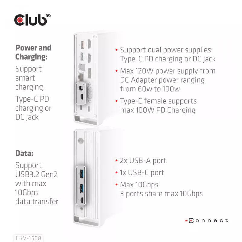 Docking stacija CLUB3D CSV-1568 metāla korpuss USB Gen2 Type-C USB Gen2 Type-A HDMI DP VGA RJ45 120W