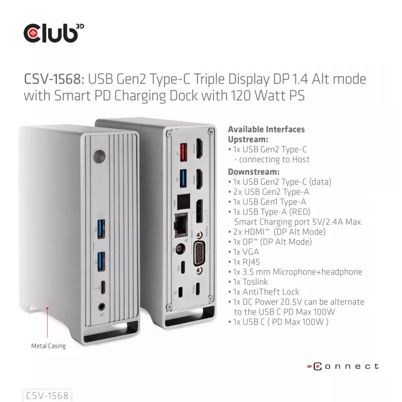 Docking stacija CLUB3D CSV-1568 metāla korpuss USB Gen2 Type-C USB Gen2 Type-A HDMI DP VGA RJ45 120W