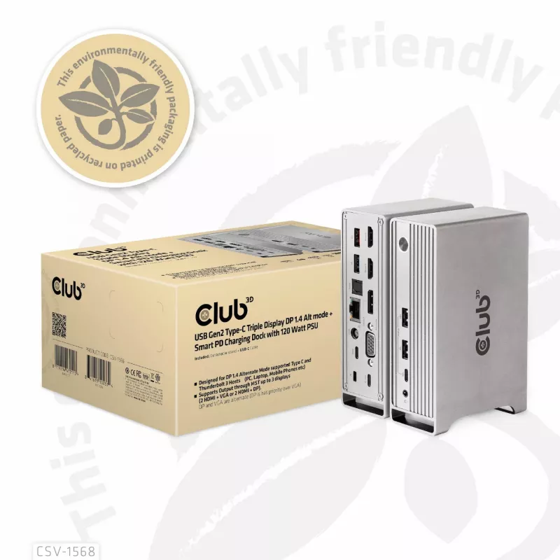 Docking stacija CLUB3D CSV-1568 metāla korpuss USB Gen2 Type-C USB Gen2 Type-A HDMI DP VGA RJ45 120W