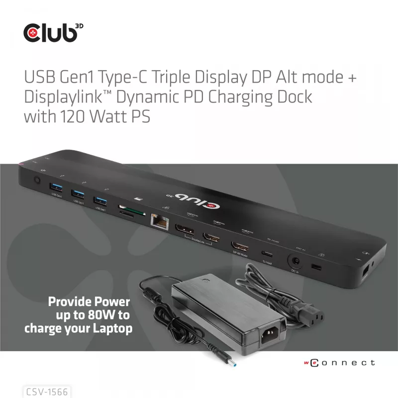 CLUB3D USB-C Gen1 Trīskāršā Displeja Doks ar DP Alt režīmu, DisplayLink un 120 W Barošanas Avotu