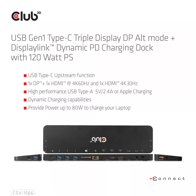 CLUB3D USB-C Gen1 Trīskāršā Displeja Doks ar DP Alt režīmu, DisplayLink un 120 W Barošanas Avotu