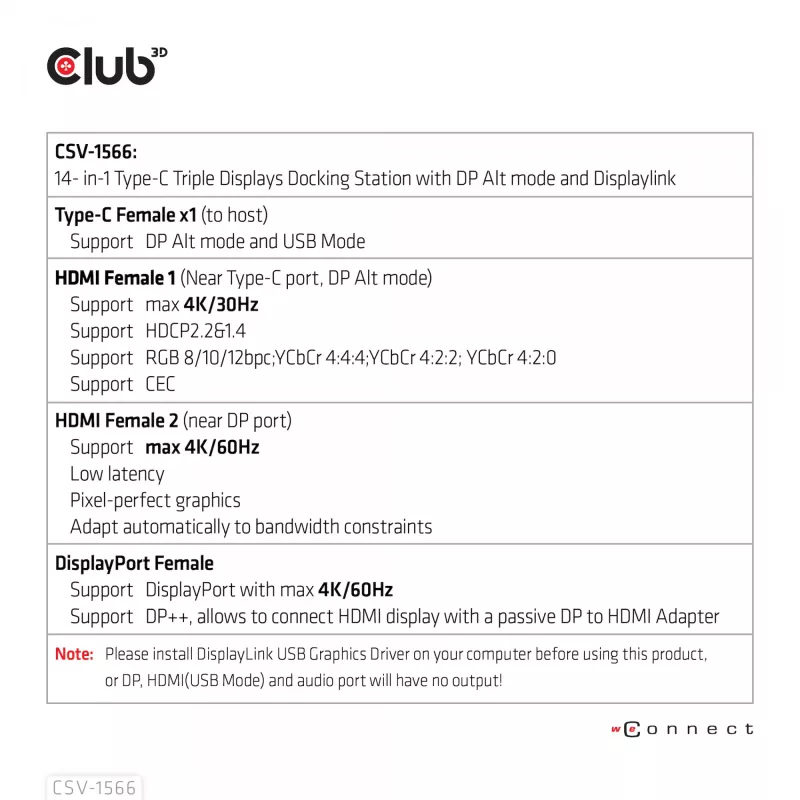 CLUB3D USB-C Gen1 Trīskāršā Displeja Doks ar DP Alt režīmu, DisplayLink un 120 W Barošanas Avotu