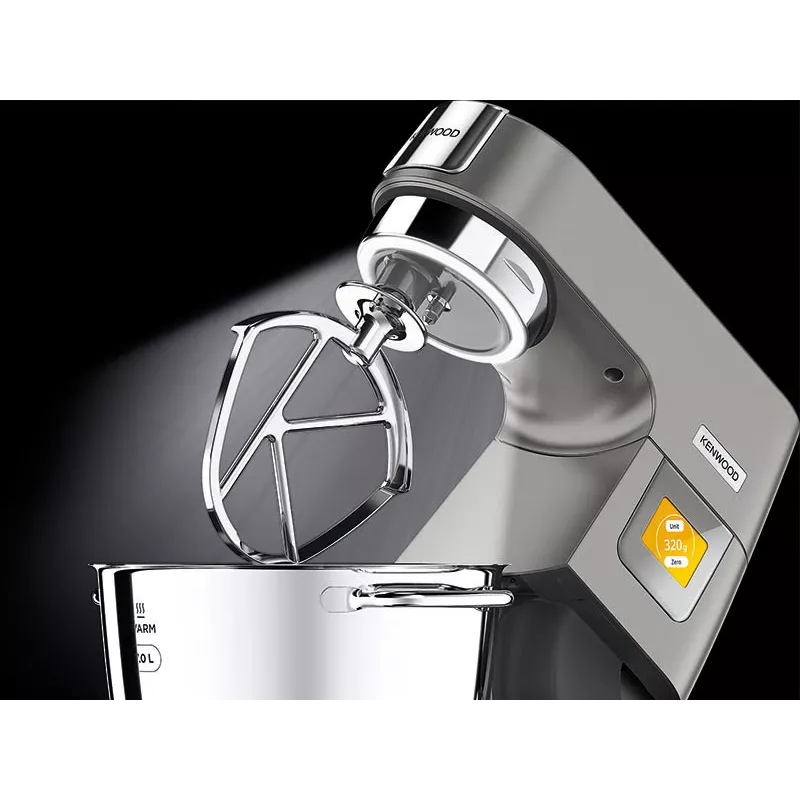 Planētas mikseris Kenwood KWL90.004SI — 1400 W, 7 L nerūsējošā tērauda bļoda, skārienvadība, iebūvēti svari, sudrabs