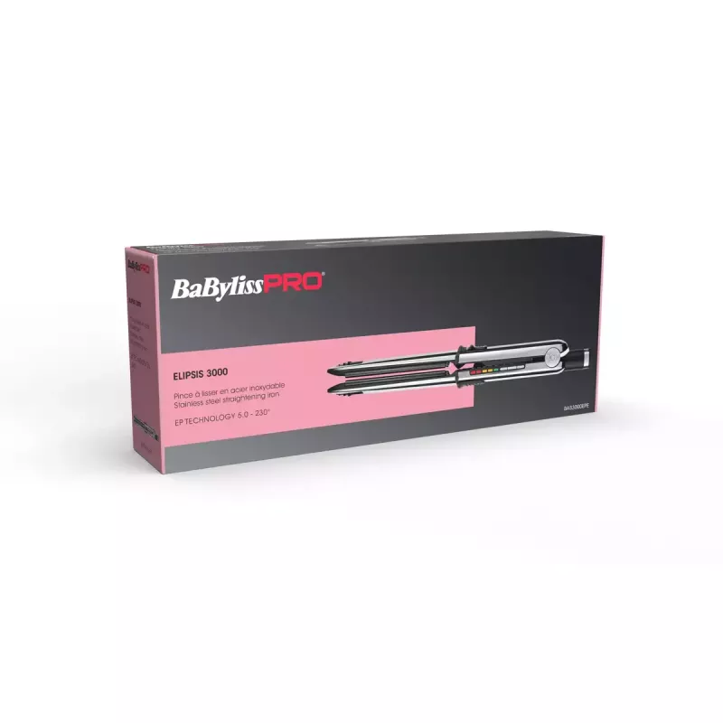 Taisnošanas gludeklis BABYLISS ELIPSIS3000 STYLER — keramikas plāksnes, 55 W, 5 temperatūras līmeņi, 150–230°C, jonu, 2,7 m grozāms vads, melns