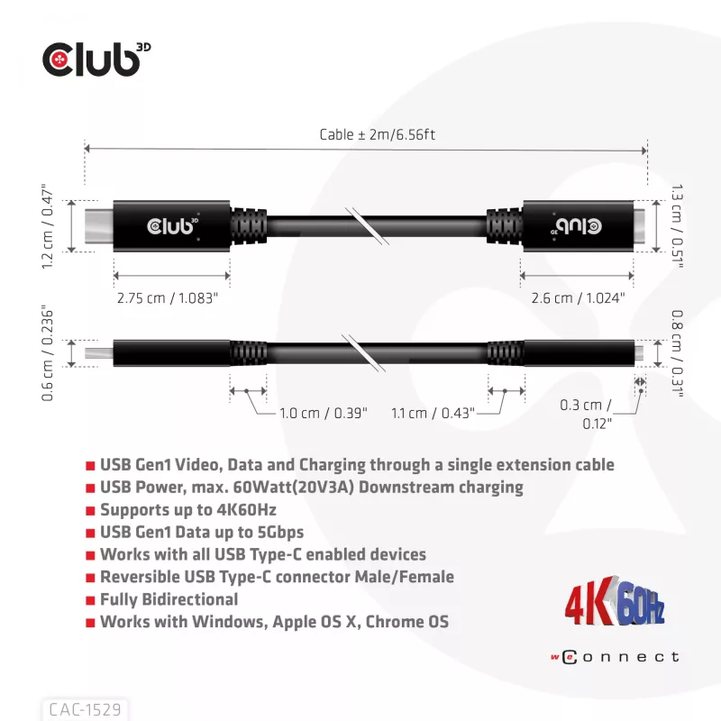 CLUB3D USB Gen1 Type-C pagarinātāja kabelis 5Gbps 60W(20V/3A) 4K60Hz M/F 2m