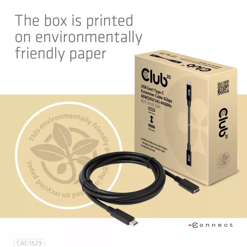 CLUB3D USB Gen1 Type-C pagarinātāja kabelis 5Gbps 60W(20V/3A) 4K60Hz M/F 2m
