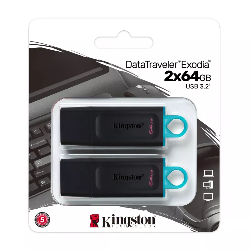 Kingston DataTraveler Exodia 64 GB USB 3.2 Gen 1 zibatmiņa, 2 gab., melna/zilganzaļa