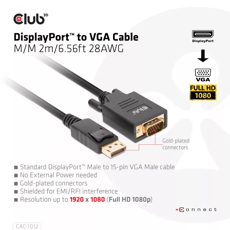 DisplayPort uz VGA kabelis M/M CLUB3D CAC-1012 2m